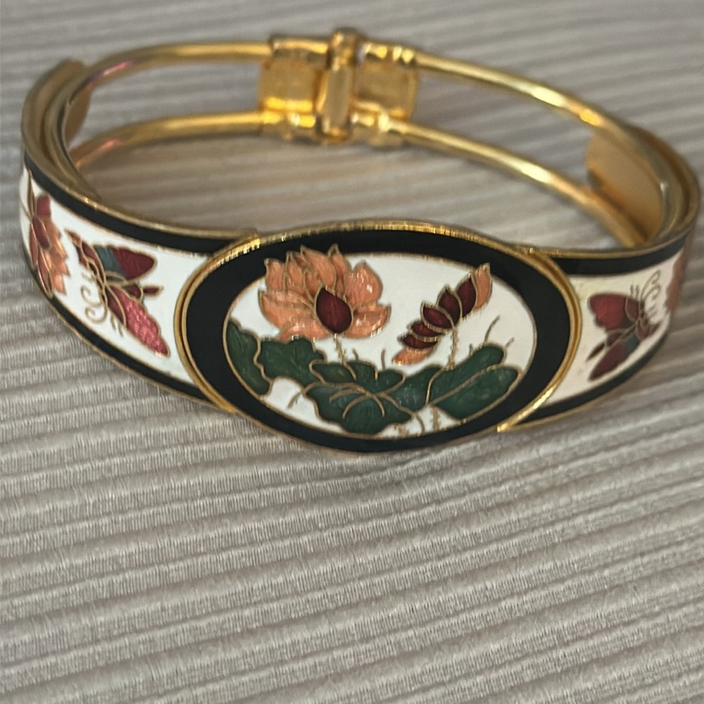 Vintage White Cloisonne with Red Flowers and Vibrant Butterflies Bracelet
